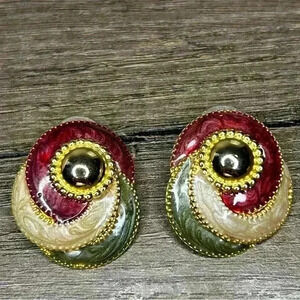 Vintage Gold Tone and Three Color Enamel Large Swirl Earrings